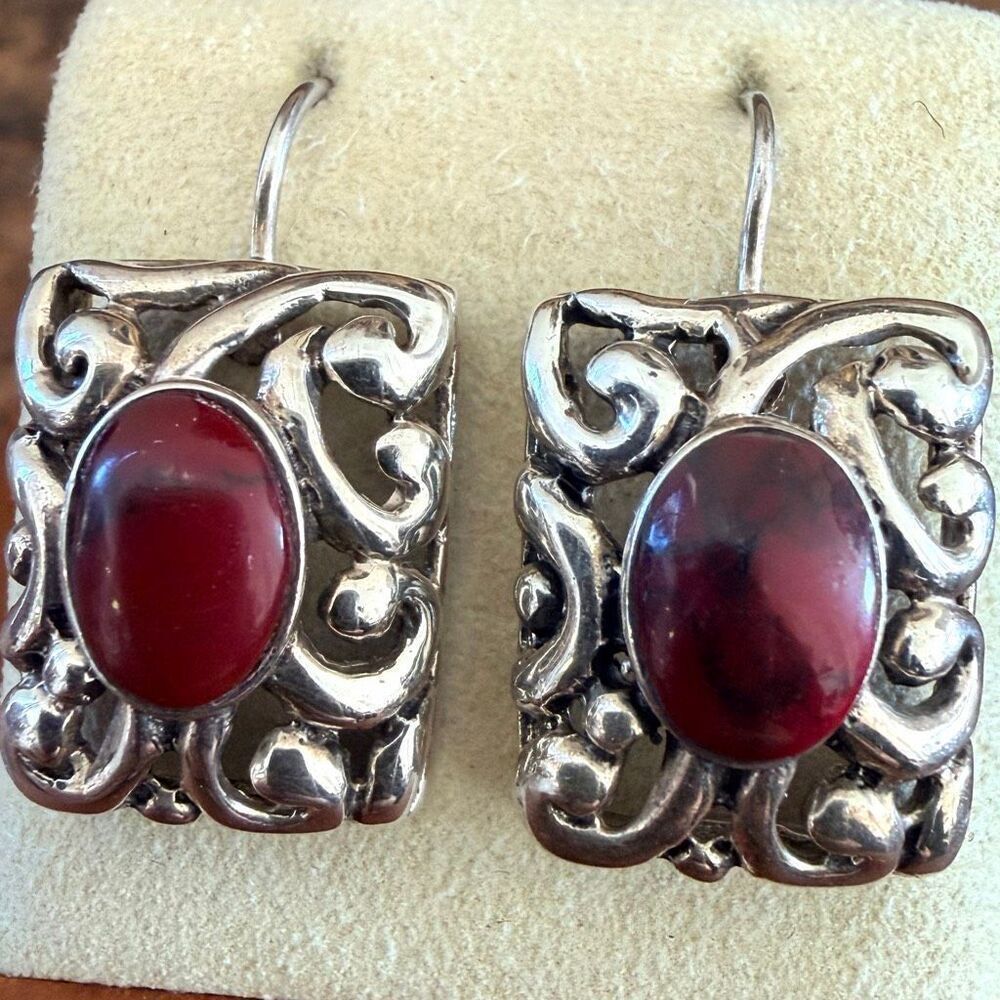 ATI Mexico Sterling Silver Ornate Drop Earrings with Red Cabochons